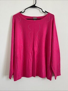 Chico's Hot Pink Knit Long Sleeve Top with Embellished Detail Large